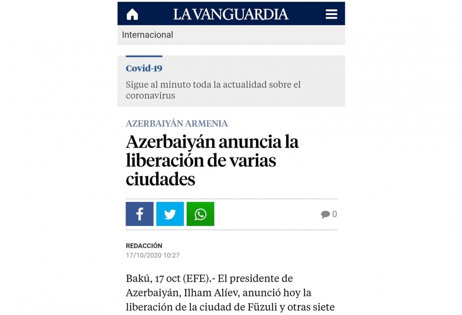 İspaniyanın “La Vanguardia” qəzeti: Azərbaycan özünün işğal altında olan ərazilərini azad edir