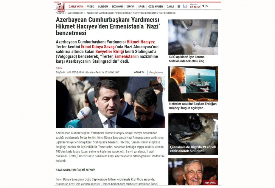 Türkiyə mediası Azərbaycan Prezidentinin köməkçisinin Ermənistanın Gəncəyə raket zərbəsi endirməsinə dair açıqlamasını yayıb