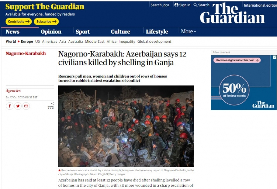 “The Guardian” qəzeti Ermənistanın Gəncəyə raket hücumundan yazıb