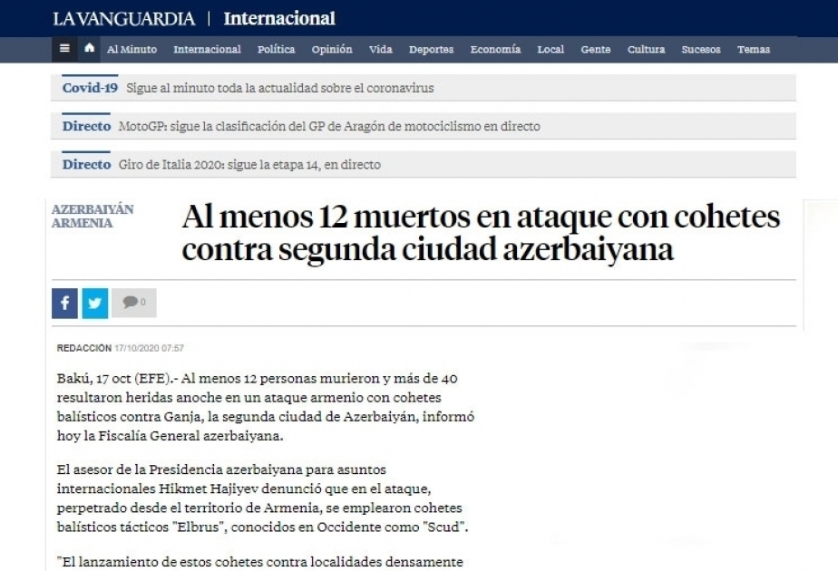 La edición más antigua en español de "La Vanguardia" escribe sobre la liberación de las ciudades ocupadas de Azerbaiyán por Armenia