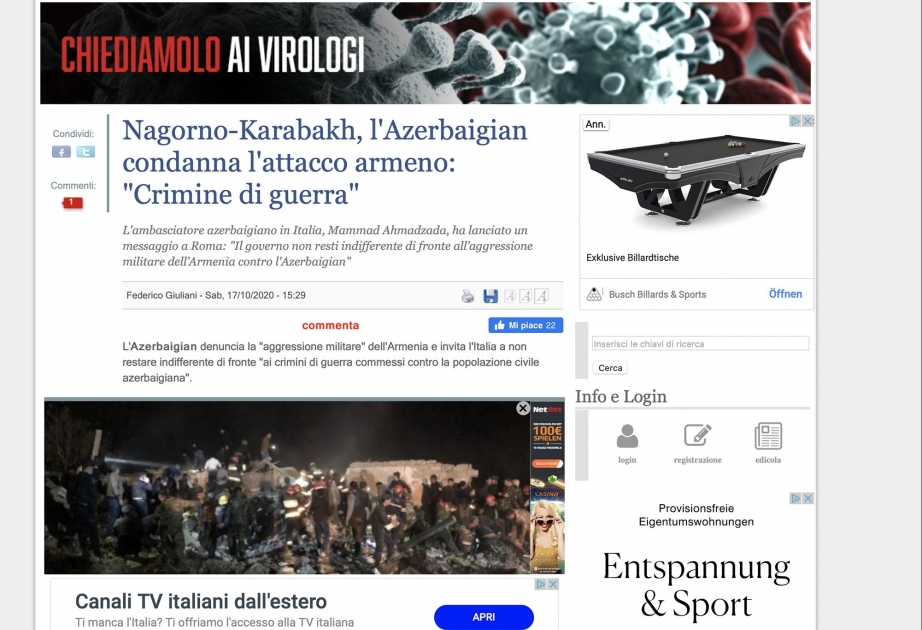 İtaliya KİV-ləri Ermənistanın Gəncəyə növbəti raket hücumu barədə yazıb