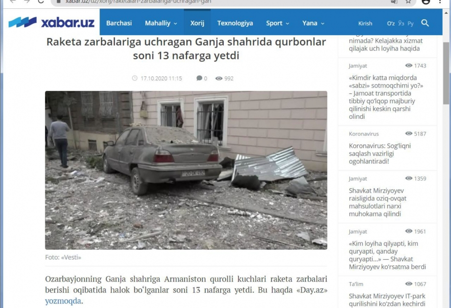 Özbəkistan mətbuatı: Ermənistanın Azərbaycana qarşı təcavüzü və işğalçılıq siyasəti dünya birliyi tərəfindən pislənilməlidir