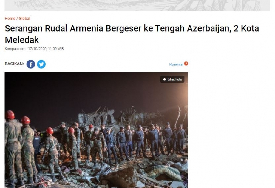 İndoneziyanın nüfuzlu KİV-ləri Ermənistanın Gəncə şəhərini raket atəşinə tutması barədə xəbərlər yaymaqda davam edir