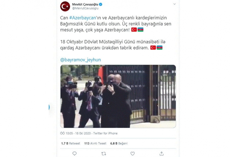 Türkiyənin Xarici İşlər naziri Azərbaycan xalqını Müstəqillik Günü münasibətilə təbrik edib