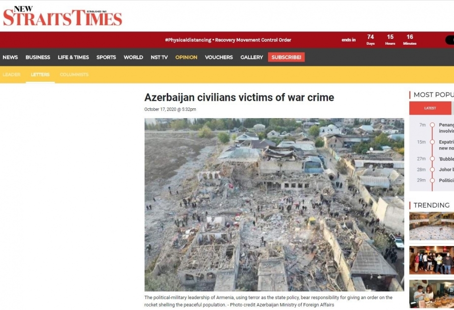 New Straits Times: Azerbaijan civilians victims of war crime