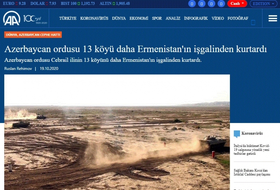 Türkiyə mediası Azərbaycan Ordusunun cəbhədəki uğurlarına geniş yer ayırmaqda davam edir