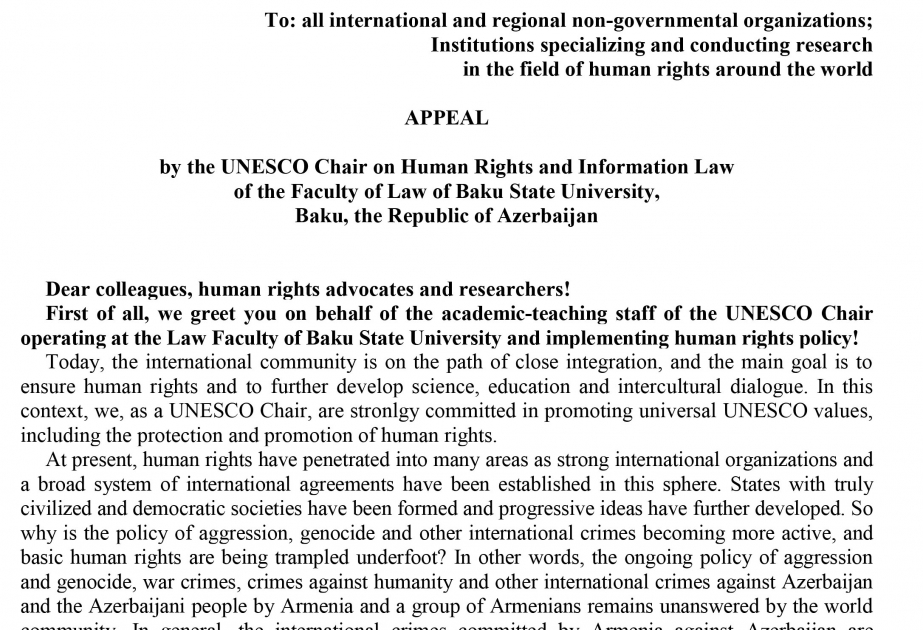 Baku State University appeals to international organizations on Armenia’s crimes against Azerbaijan