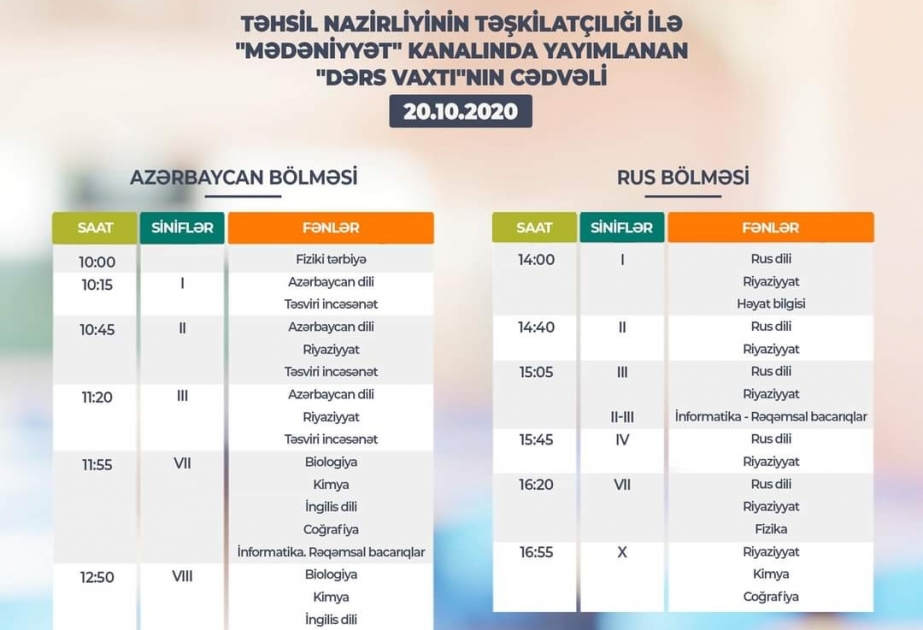 Teledərslərin oktyabrın 20-nə olan cədvəli