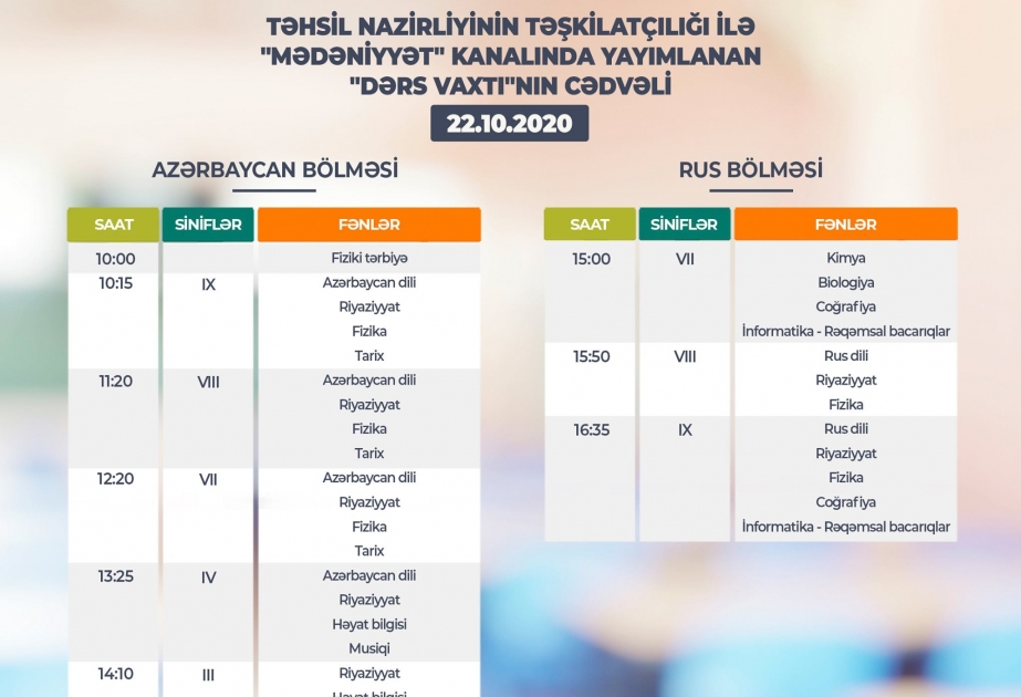 Teledərslərin oktyabrın 22-nə olan cədvəli