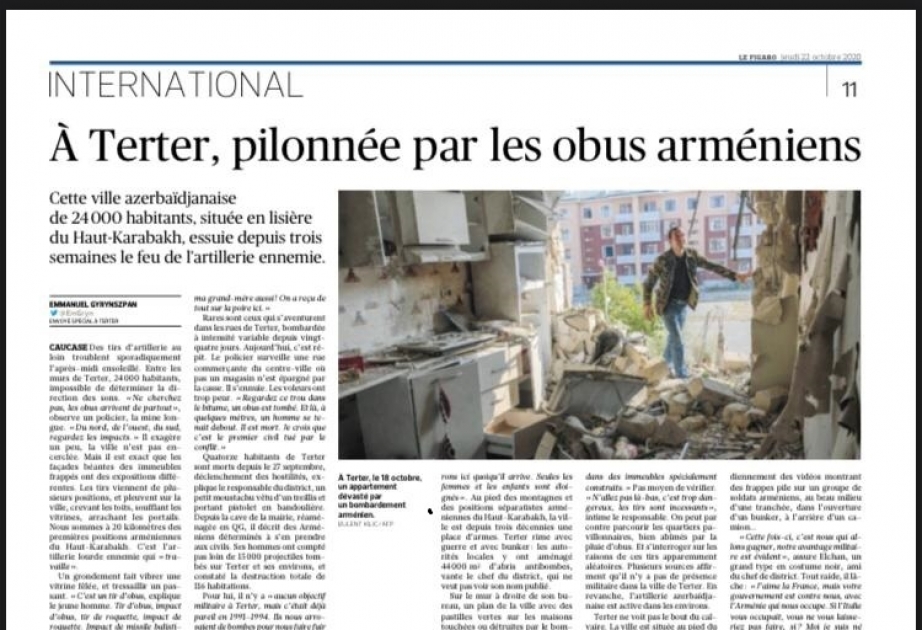 “Le Figaro”: Azərbaycanın Tərtər şəhəri Ermənistan tərəfindən atəşə tutularaq dağıdılır