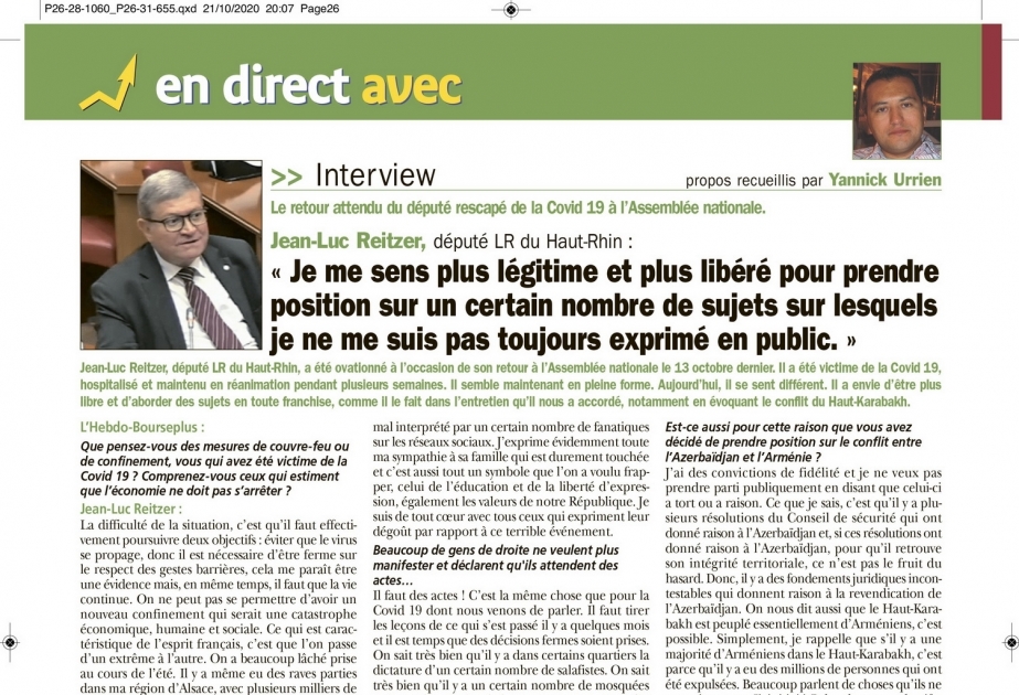 Jean-Luc Reitzer: Les résolutions du CS de l’ONU donnent raison à l’Azerbaïdjan, pour qu’il retrouve son intégrité territoriale