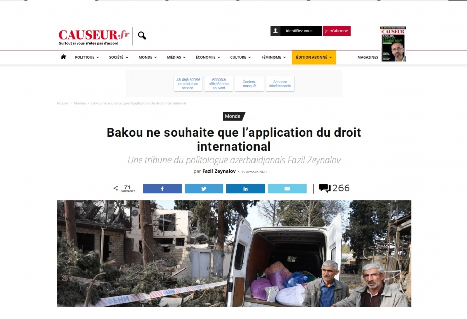 Fransa portalı: Bakı beynəlxalq hüququn tətbiqini tələb edir