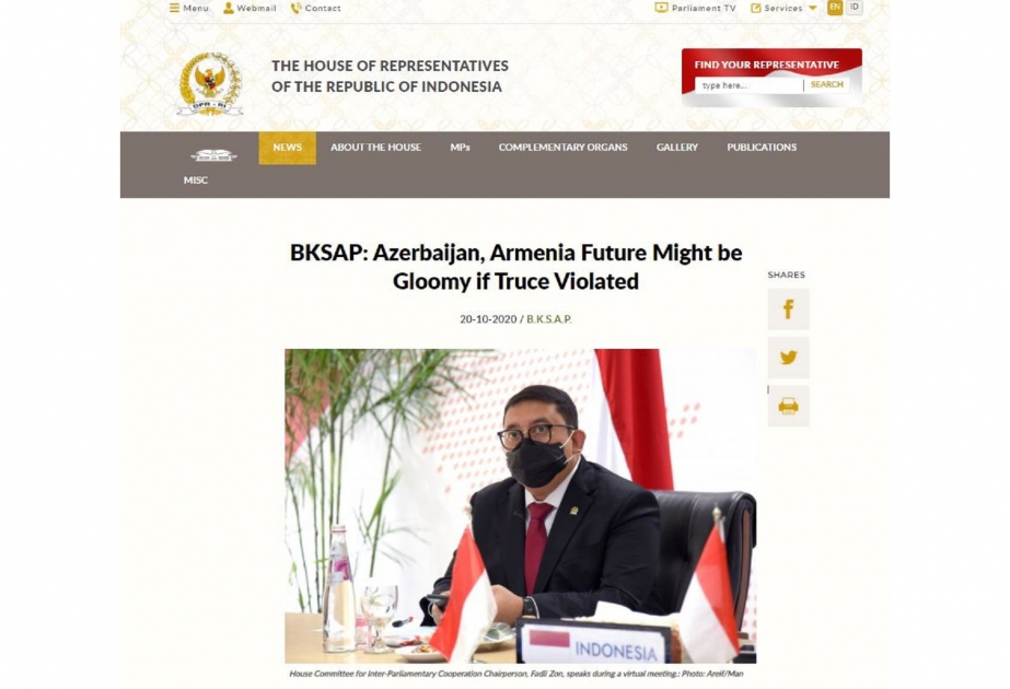 İndoneziya parlamenti bir daha Ermənistanın işğal olunmuş Azərbaycan torpaqlarından çıxmasını tələb edir