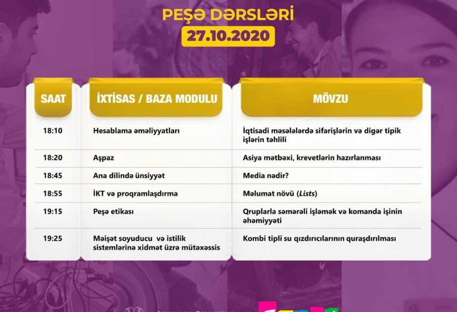 Peşə təhsili üzrə “Dərs vaxtı” proqramının oktyabrın 27-nə olan cədvəli