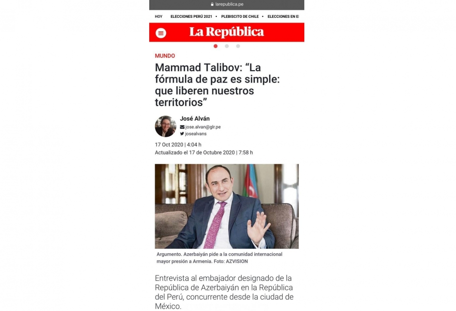 Peru qəzetləri Dağlıq Qarabağ münaqişəsi və Ermənistanın təcavüzü haqqında yazıb
