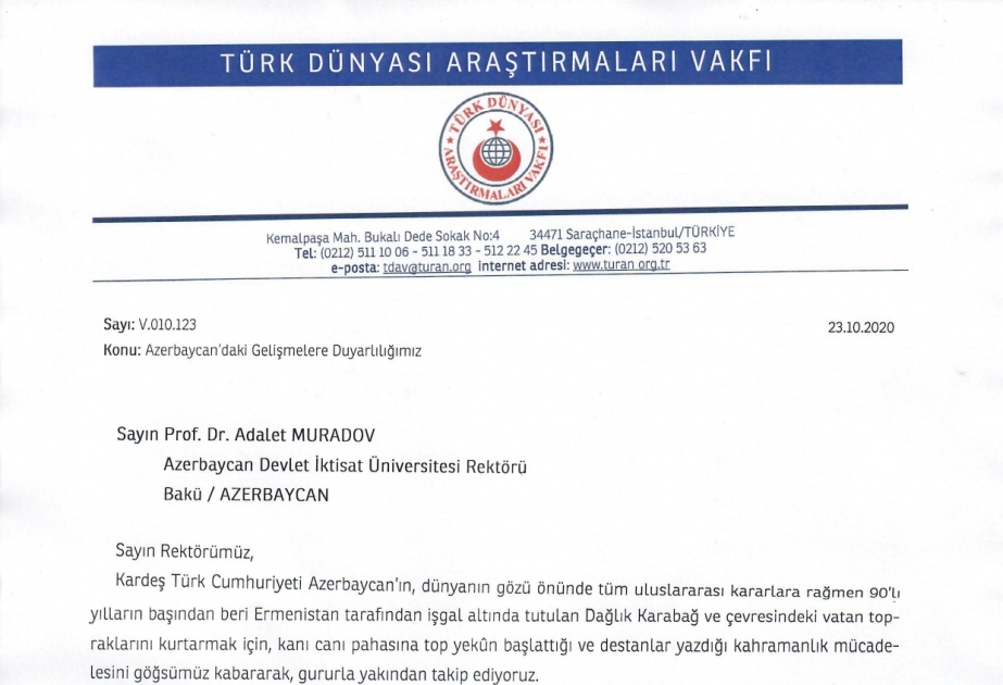 Türk Dünyası Araşdırmaları Vəqfindən Azərbaycana dəstək məktubu: Qəhrəmanlıq mübarizəsini qardaş Türkiyə qürurla izləyir