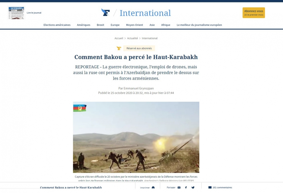 Fransanın “Le Figaro” qəzeti Azərbaycan Silahlı Qüvvələrinin Qarabağdakı üstünlüyündən yazır