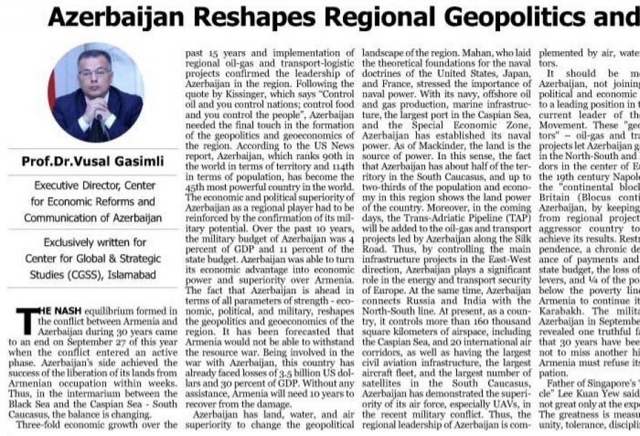 Nüfuzlu “National Herald Tribune” Azərbaycanı regional lider adlandırıb