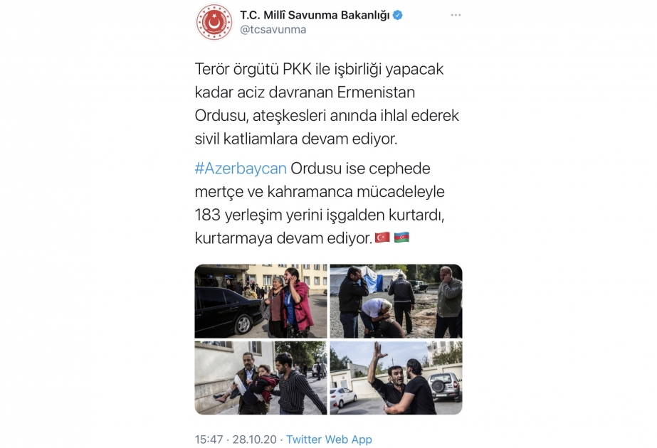 Türkiyə Milli Müdafiə Nazirliyi: PKK ilə əməkdaşlıq edəcək qədər aciz olan Ermənistan mülki əhaliyə qarşı qətliamlar törədir