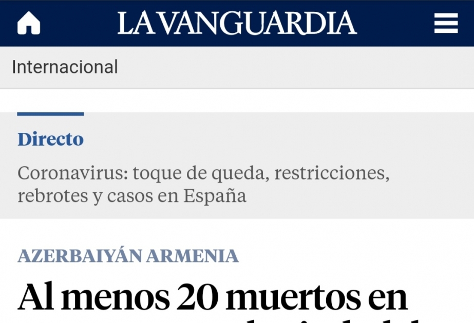 Испанское старейшее издание La Vanguardia пишет о гибели мирного населения в результате обстрела Барды вооруженными силами Армении