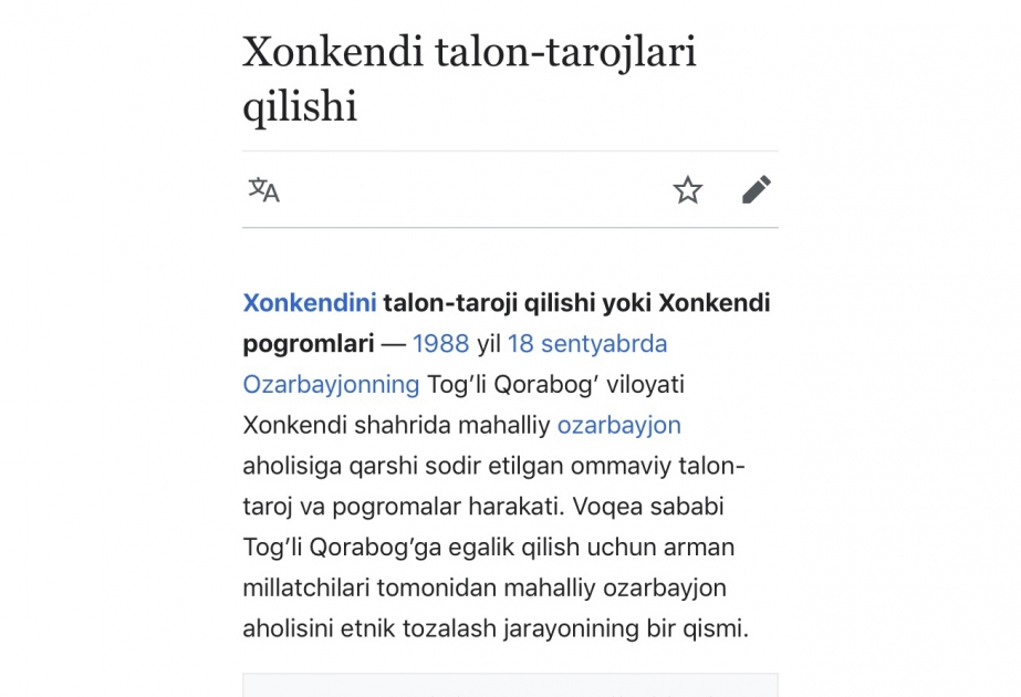“Vikipediya”nın özbək dili bölməsində “Xankəndi talanları” mövzusunda məqalə yaradılıb