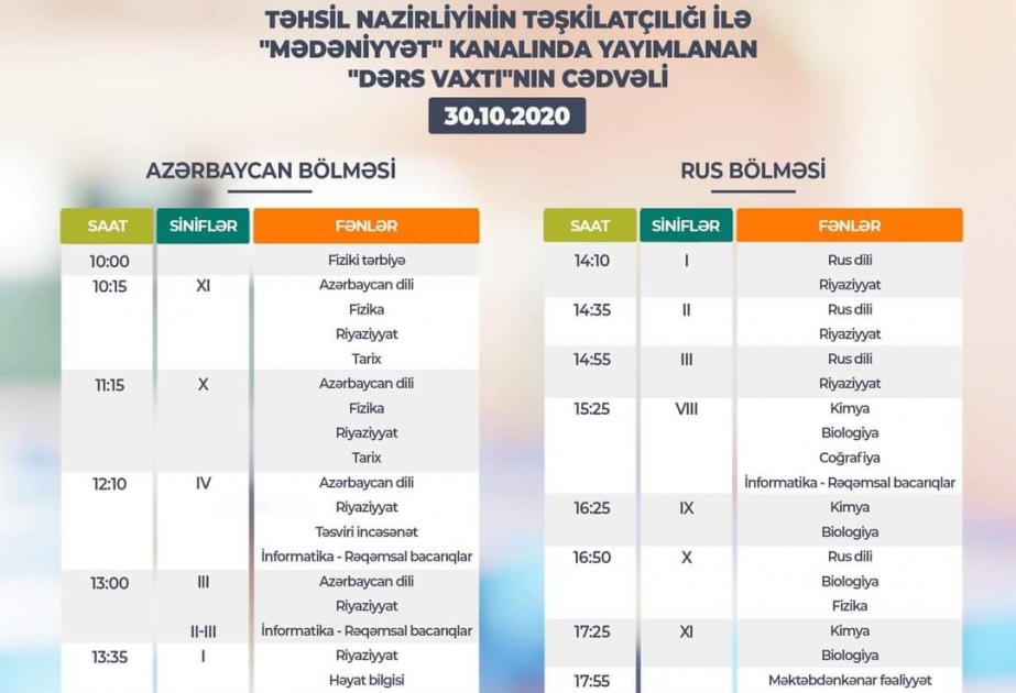 Teledərslərin oktyabrın 30-na olan cədvəli