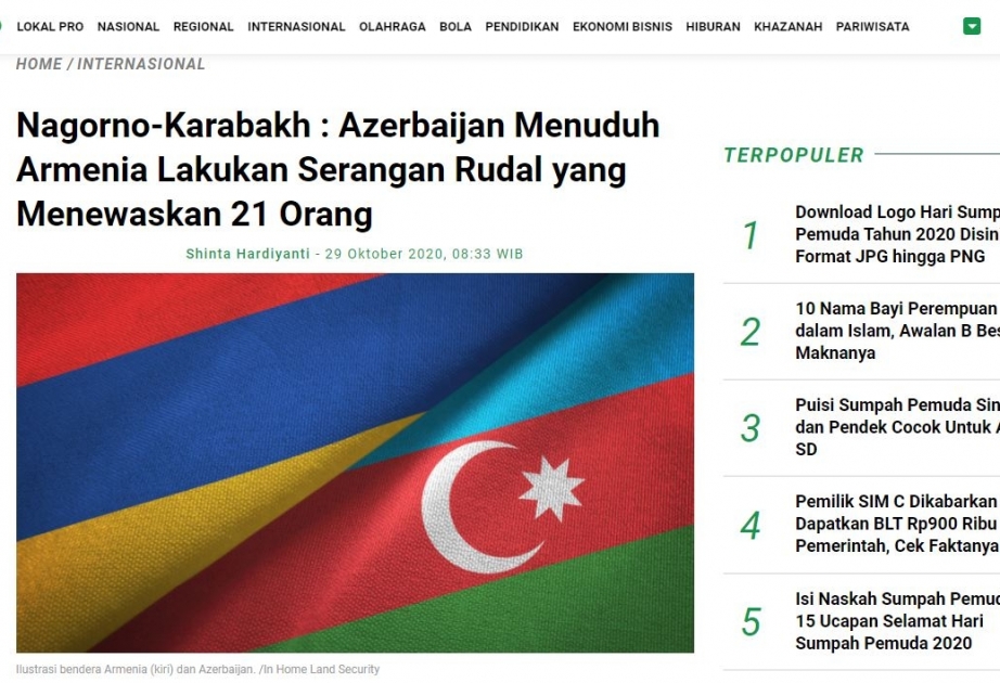 İndoneziya KİV-ləri Ermənistan ordusunun Azərbaycan şəhərlərinə raket hücumlarını geniş işıqlandırır