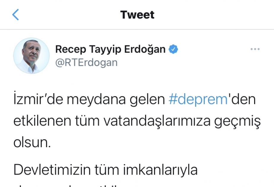 Rəcəb Tayyib Ərdoğan: Dövlətimiz bütün imkanları ilə zəlzələdən zərər çəkən vətəndaşlarımızın yanındadır