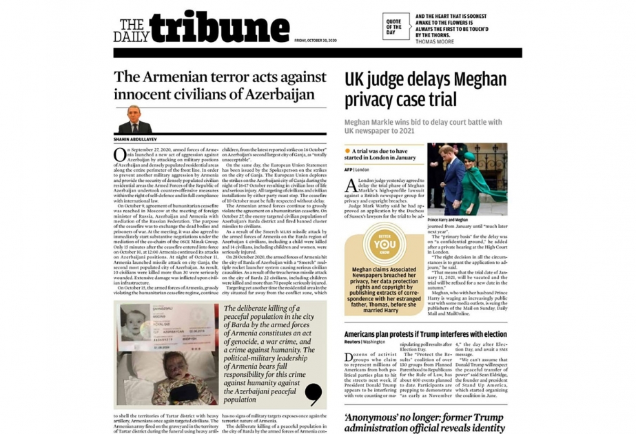 Bəhreynin “The Daily Tribune” qəzetində erməni vəhşiliyi barədə məqalə dərc olunub