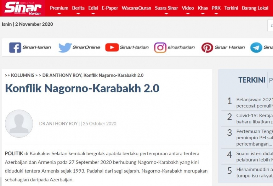 Malayziya qəzetində Ermənistan-Azərbaycan Dağlıq Qarabağ münaqişəsindən bəhs edən məqalə dərc olunub