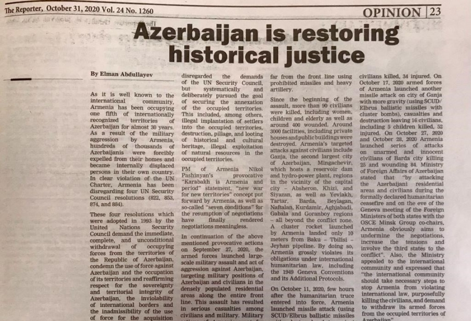 Efiopiyanın “Reporter” qəzetində “Azərbaycan tarixi ədaləti bərpa edir” adlı məqalə dərc edilib