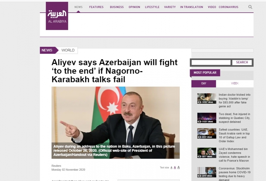 Nüfuzlu ərəb KİV-ləri Prezident İlham Əliyevin son bəyanatlarını yayıb