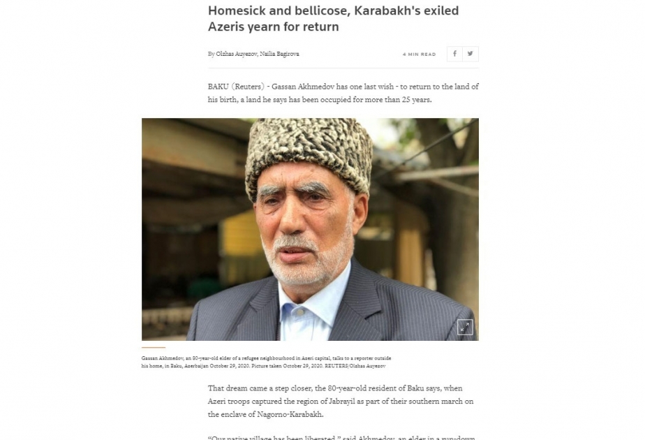 “Reuters”: Vətən həsrəti çəkən Qarabağın azərbaycanlı köçkünləri tezliklə öz ata-baba torpaqlarına qayıtmaq arzusundadırlar