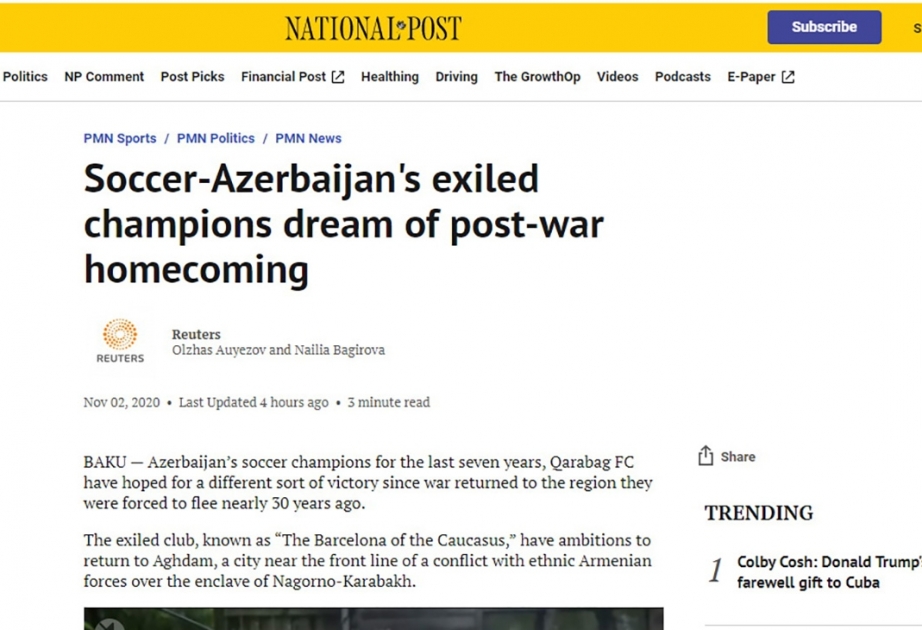 Kanadanın “National Post” qəzeti: “Qarabağ” futbol klubu Ağdama qayıtmaq arzusundadır