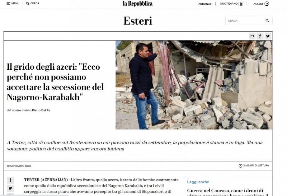 Periódico italiano “La Repubblica” publicó un artículo sobre el bombardeo de asentamientos y civiles de Azerbaiyán