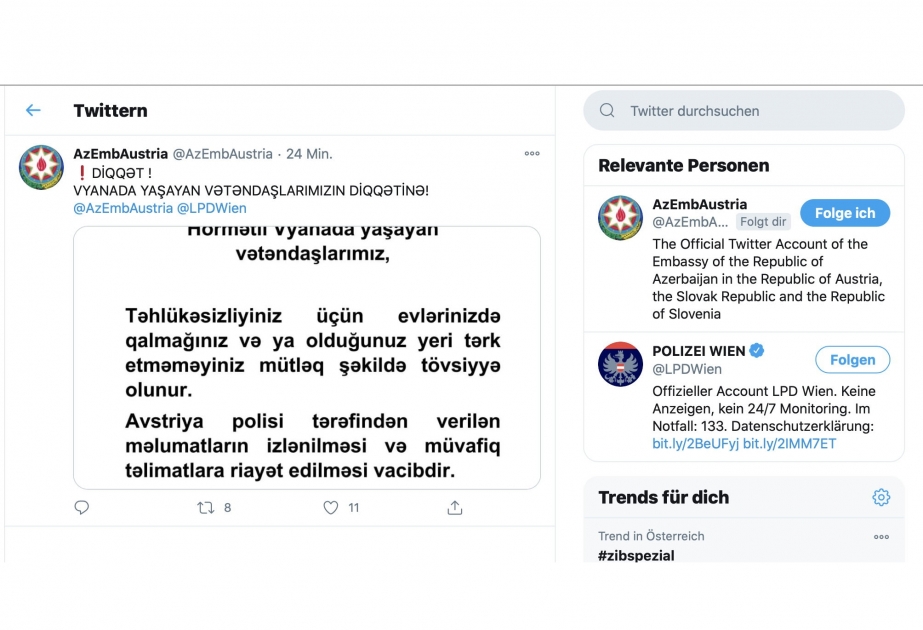 Azərbaycanın Avstriyadakı səfirliyi Vyanadakı terror aktı ilə bağlı bu şəhərdə yaşayan vətəndaşlarımıza müraciət edib