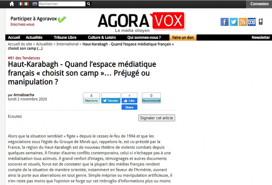 “AgoraVox” portalı Fransa mediasındakı qərəzlilikdən yazır