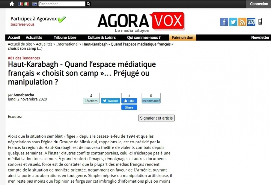 Haut-Karabagh : l’AgoraVox parle de la partialité des médias français