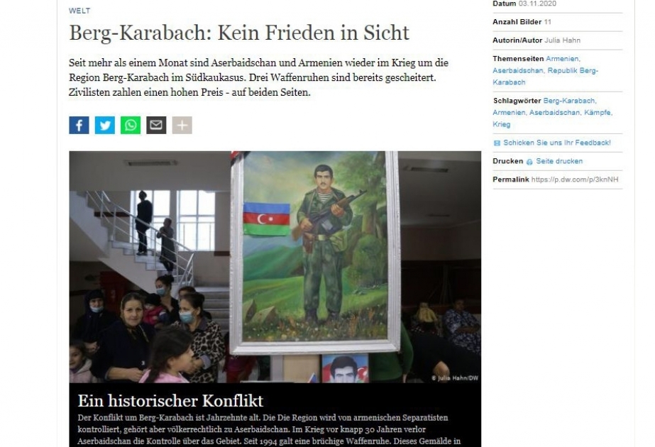“Deutsche Welle” Ermənistan-Azərbaycan münaqişəsi ilə bağlı məqalə yayıb