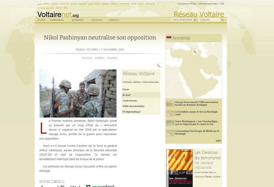 “Voltairenet” portalı: Paşinyan müharibədən istifadə edərək müxalifəti neytrallaşdırır