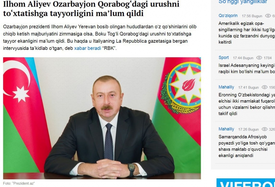 Özbəkistan portalı Prezidenti İlham Əliyevin İtaliyanın “La Repubblica” qəzetinə müsahibəsi ilə bağlı məqalə yayımlayıb