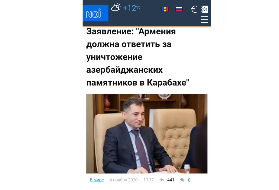 Moldova mətbuatında Ermənistanın işğal altındakı ərazilərimizdə mədəni-dini abidələri dağıtmasına dair məqalə dərc edilib