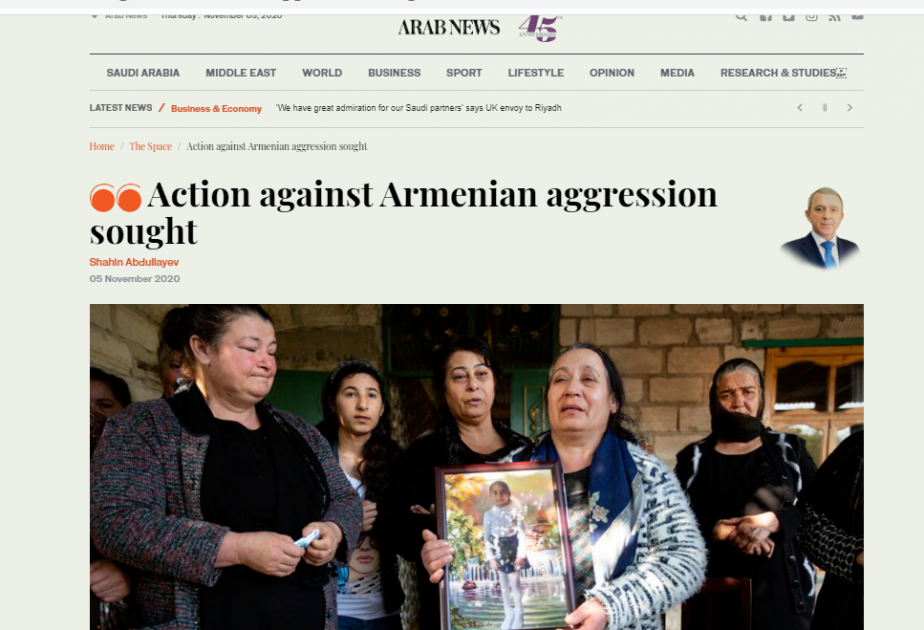 “Arabnews” qəzetində Ermənistanın Azərbaycana hərbi təcavüzünün nəticələri barədə məqalə dərc olunub