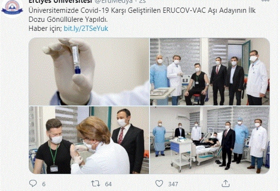 Türkiyədə koronavirus əleyhinə ERUCOV-VAC peyvəndi könüllüyə tətbiq olunub