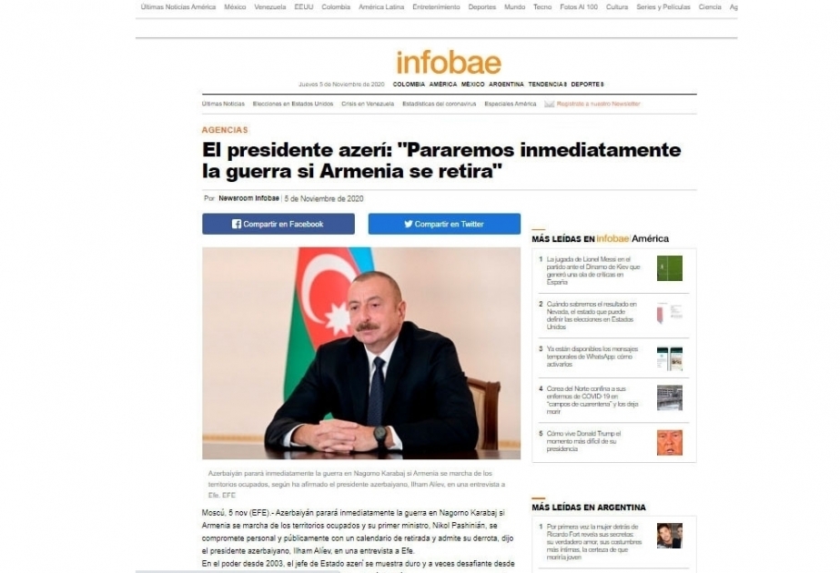 Azərbaycan Prezidentinin İspaniyanın EFE Agentliyinə müsahibəsi Latın Amerikası mətbuatının diqqət mərkəzindədir