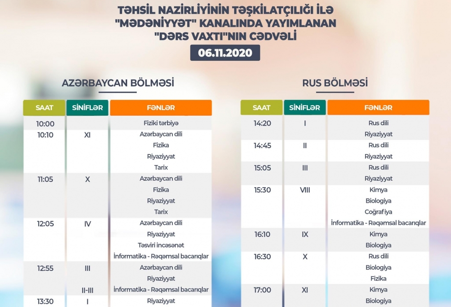 Teledərslərin noyabrın 6-na olan cədvəli