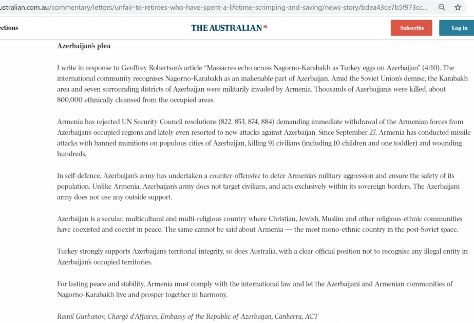 “The Australian” qəzeti Azərbaycan diplomatının Dağlıq Qarabağda baş verənləri təhrif edən məqaləyə cavab məktubunu dərc edib