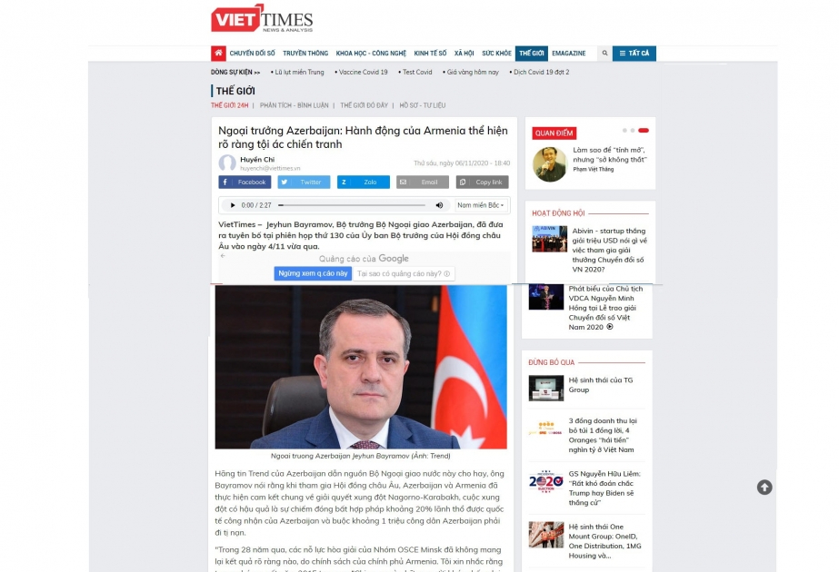 "Viet Times" agentliyi nazir Ceyhun Bayramovun çıxışına istinadla məqalə yayıb