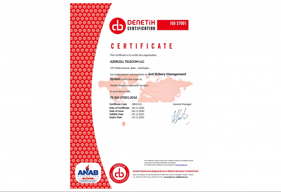 ®  Azercell стал первым мобильным оператором в стране, получившим сертификат соответствия стандартам ISO 37001:2016 “Системы менеджмента борьбы со взяточничеством”