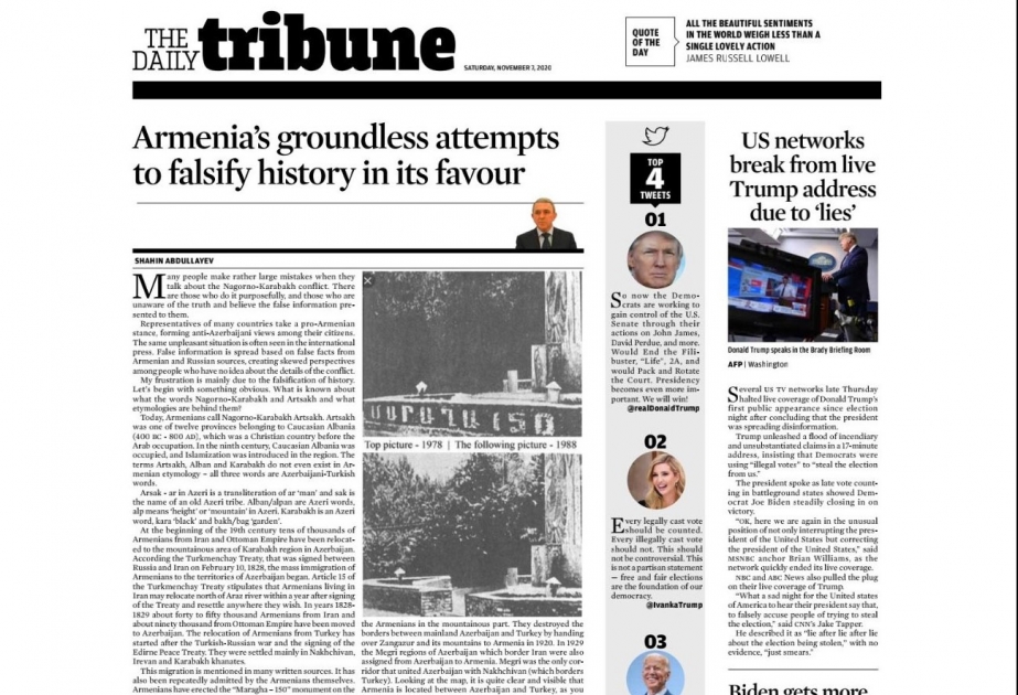 “The Daily Tribune” Ermənistanın tarixi saxtalaşdırması barədə məqalə dərc edib